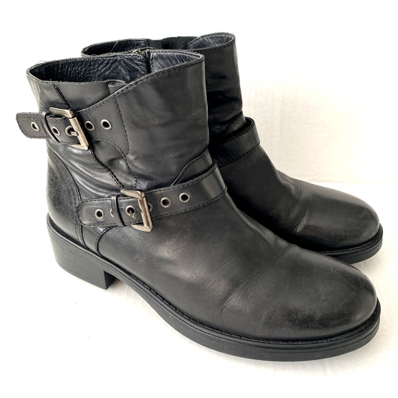 Aquatalia Sophie Black Leather Moto Boot Double Buckle Biker Ankle Comba… - Picture 2 of 8
